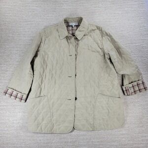 Julia Klein Quilted Jacket Large Beige Plaid Lined Preppy Equestrian Barn Coat